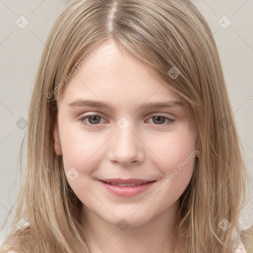 Joyful white child female with long  brown hair and brown eyes