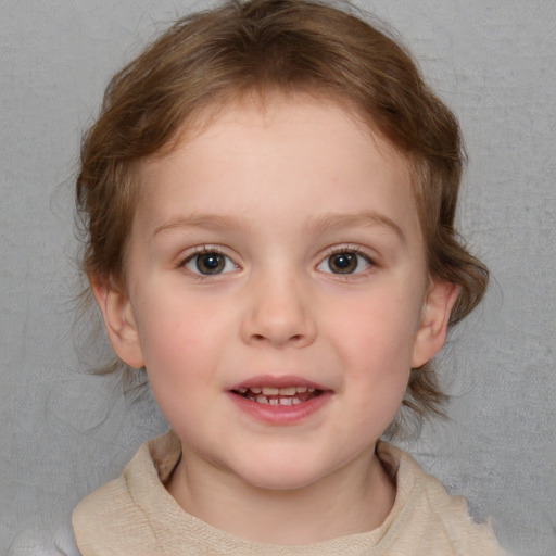 Joyful white child female with medium  brown hair and blue eyes