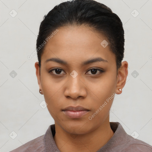 Neutral latino young-adult female with short  black hair and brown eyes