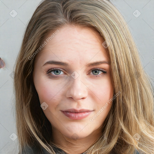 Joyful white young-adult female with long  brown hair and blue eyes