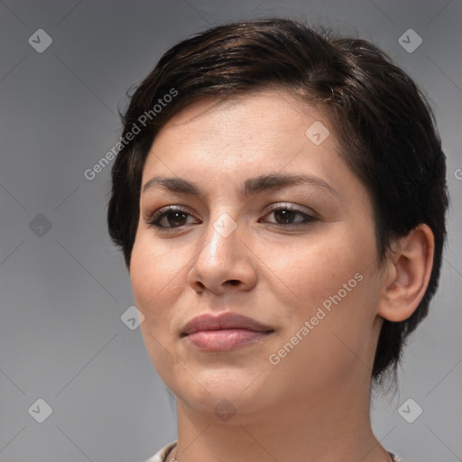 Joyful white young-adult female with medium  brown hair and brown eyes