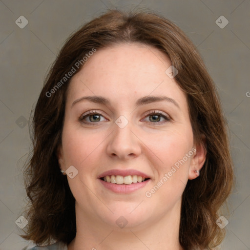 Joyful white young-adult female with medium  brown hair and green eyes