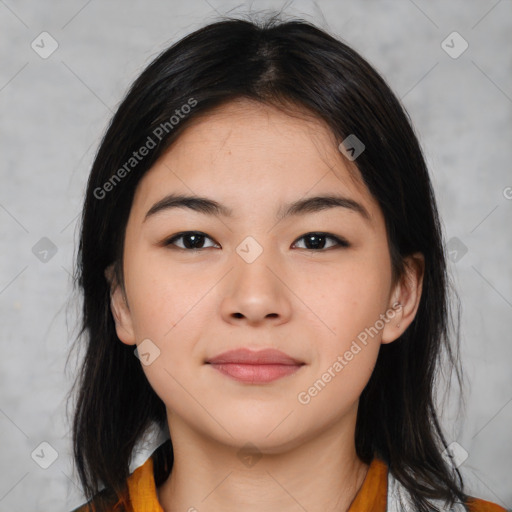 Neutral asian young-adult female with medium  brown hair and brown eyes