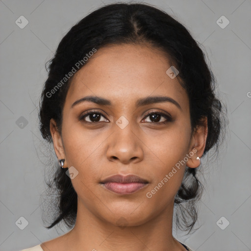 Joyful latino young-adult female with medium  black hair and brown eyes