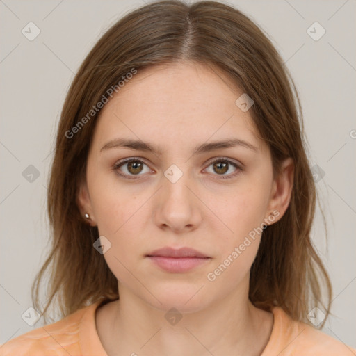 Neutral white young-adult female with medium  brown hair and brown eyes