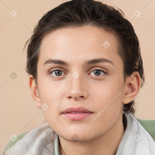 Neutral white young-adult female with short  brown hair and brown eyes