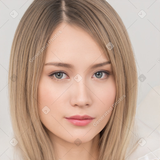 Neutral white young-adult female with long  brown hair and brown eyes