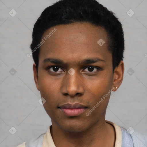 Neutral black young-adult male with short  black hair and brown eyes