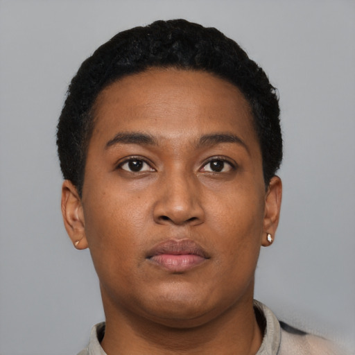 Neutral black young-adult male with short  black hair and brown eyes