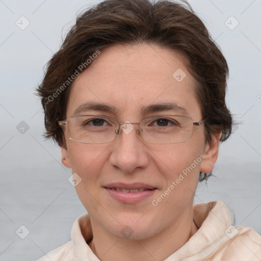 Joyful white adult female with short  brown hair and brown eyes