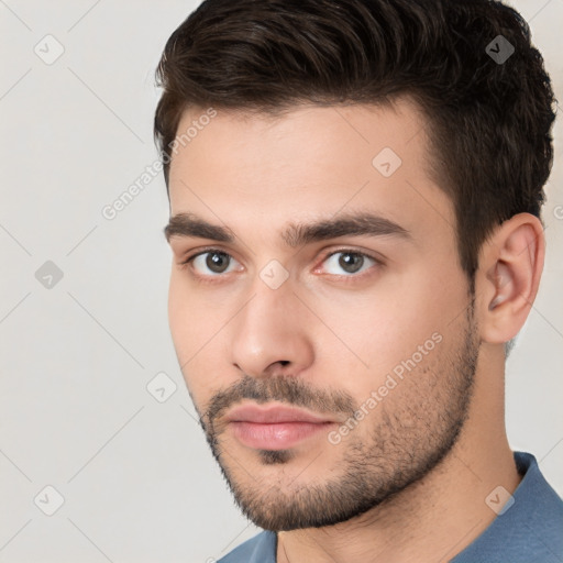 Neutral white young-adult male with short  brown hair and brown eyes