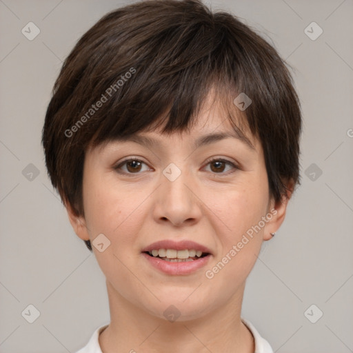 Joyful white young-adult female with short  brown hair and brown eyes