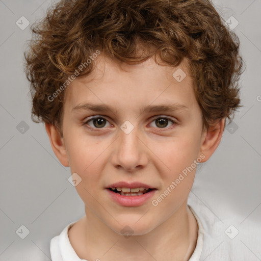 Joyful white child male with short  brown hair and brown eyes