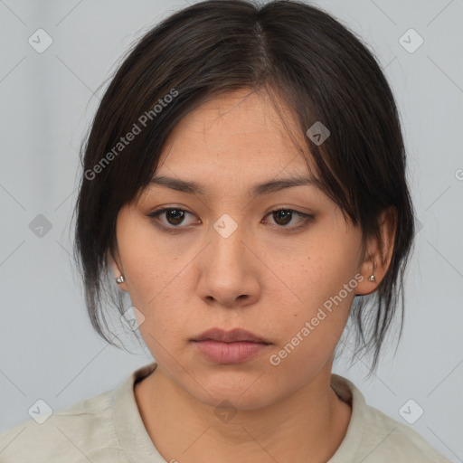 Neutral asian young-adult female with medium  brown hair and brown eyes