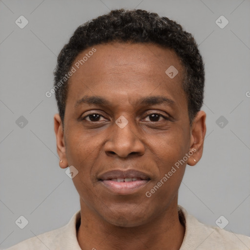 Joyful black adult male with short  black hair and brown eyes