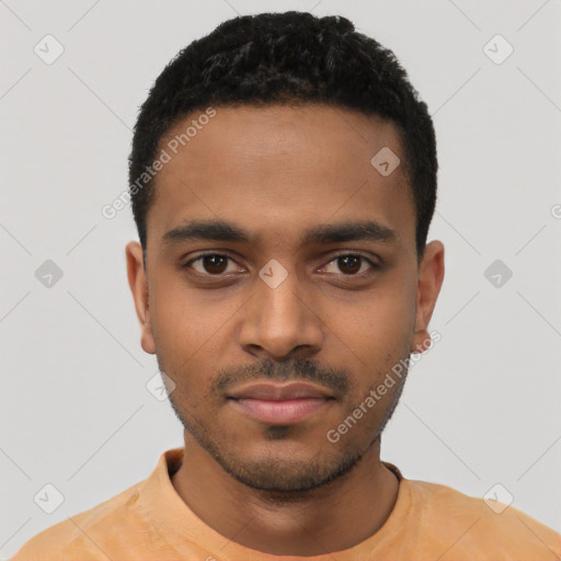 Neutral black young-adult male with short  black hair and brown eyes