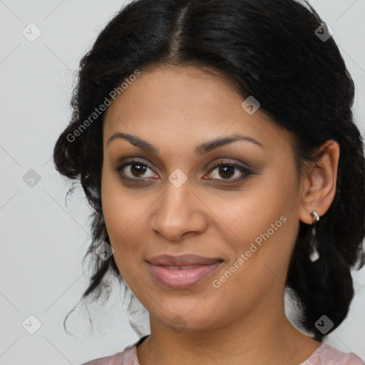 Joyful latino young-adult female with medium  brown hair and brown eyes