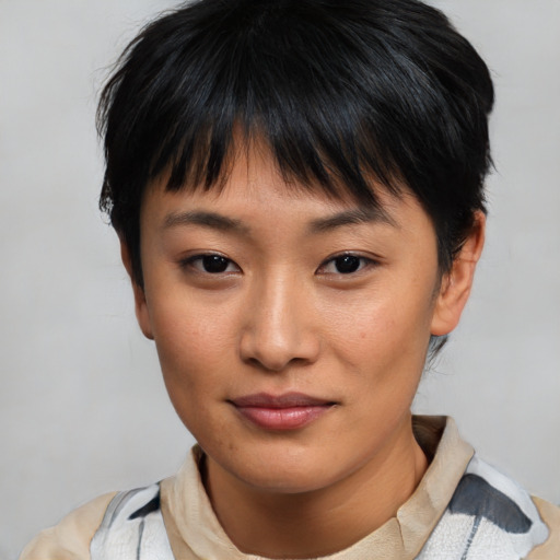 Neutral asian young-adult female with short  brown hair and brown eyes