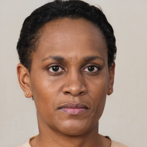 Neutral black young-adult female with short  brown hair and brown eyes