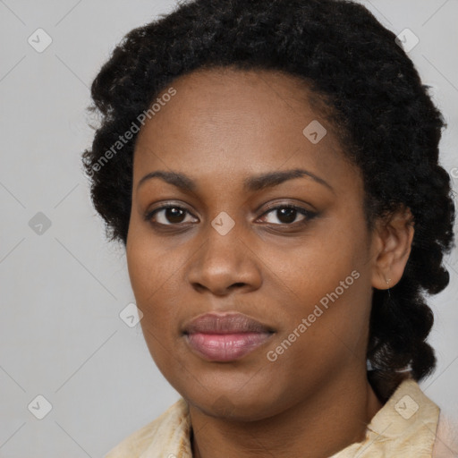 Joyful black young-adult female with medium  black hair and brown eyes