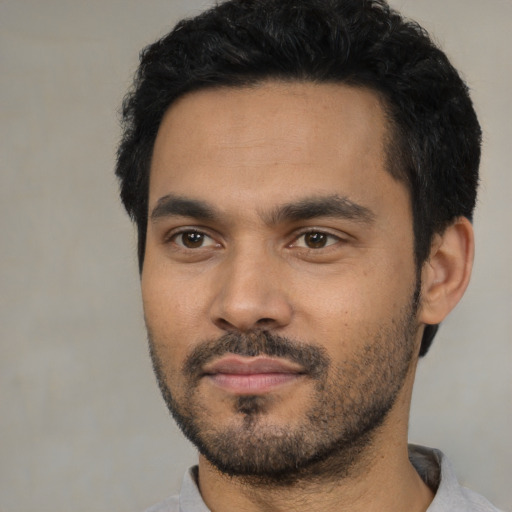 Neutral latino young-adult male with short  black hair and brown eyes
