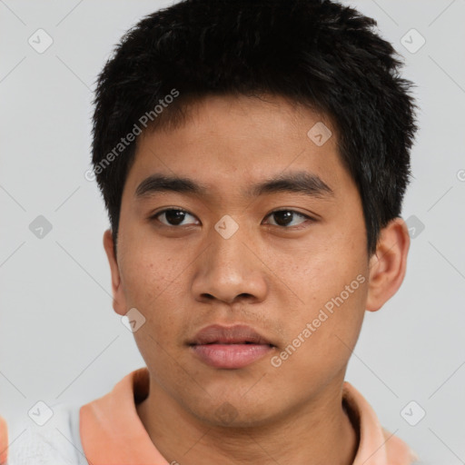 Neutral asian young-adult male with short  black hair and brown eyes