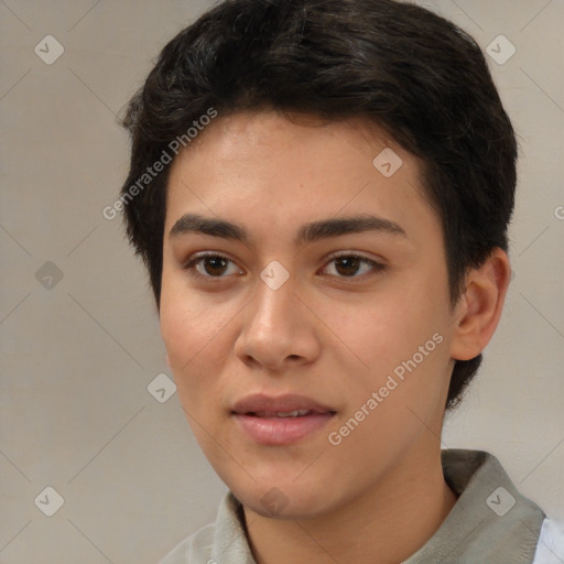 Neutral white young-adult female with short  brown hair and brown eyes