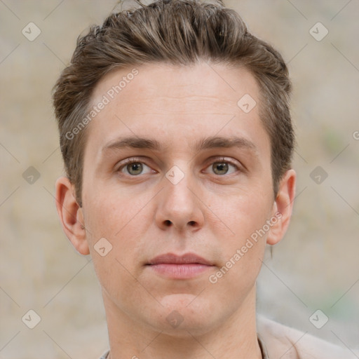 Neutral white young-adult male with short  brown hair and grey eyes