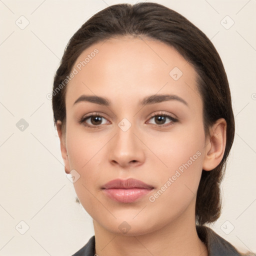 Neutral white young-adult female with medium  brown hair and brown eyes