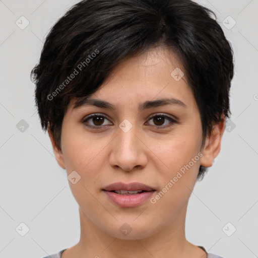 Joyful white young-adult female with short  brown hair and brown eyes