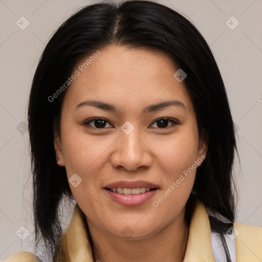 Joyful white young-adult female with medium  brown hair and brown eyes