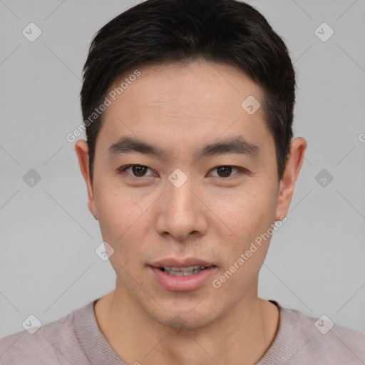 Neutral asian young-adult male with short  brown hair and brown eyes