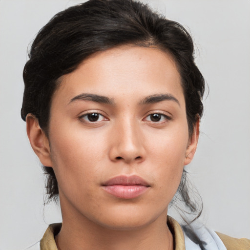 Neutral white young-adult female with medium  brown hair and brown eyes