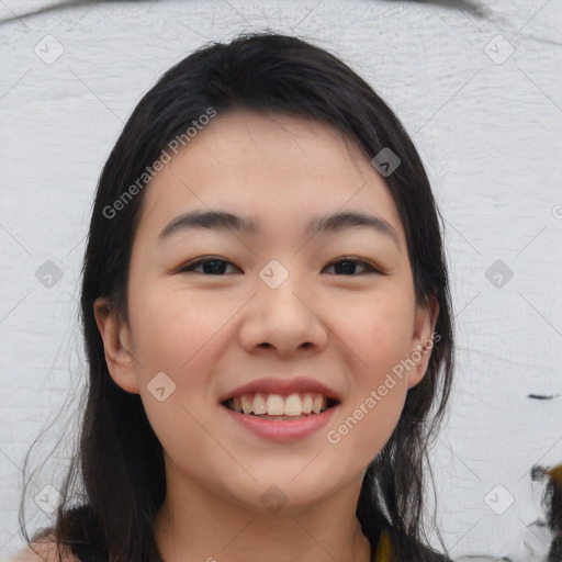 Joyful white young-adult female with medium  black hair and brown eyes