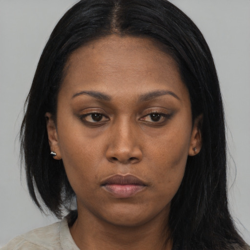 Neutral asian young-adult female with long  black hair and brown eyes