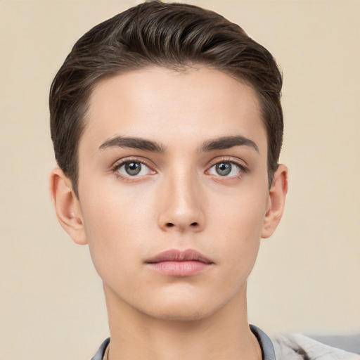 Neutral white young-adult male with short  brown hair and brown eyes