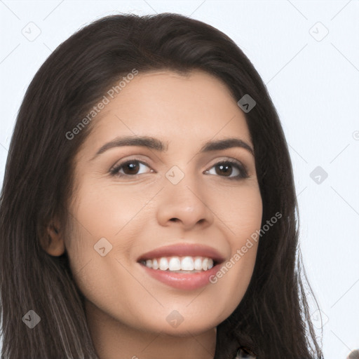 Joyful asian young-adult female with long  brown hair and brown eyes