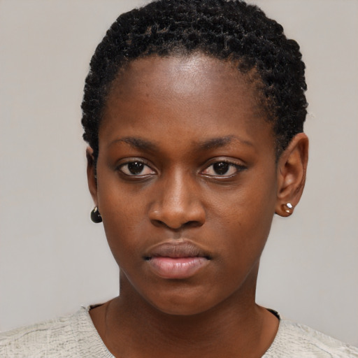 Neutral black young-adult female with short  black hair and brown eyes