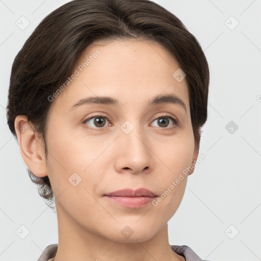 Neutral white young-adult female with short  brown hair and brown eyes