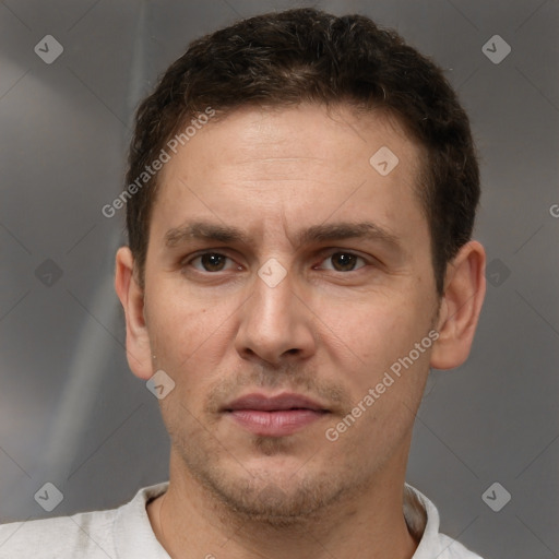 Neutral white adult male with short  brown hair and brown eyes