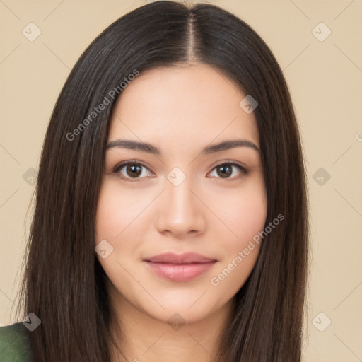 Neutral white young-adult female with long  brown hair and brown eyes