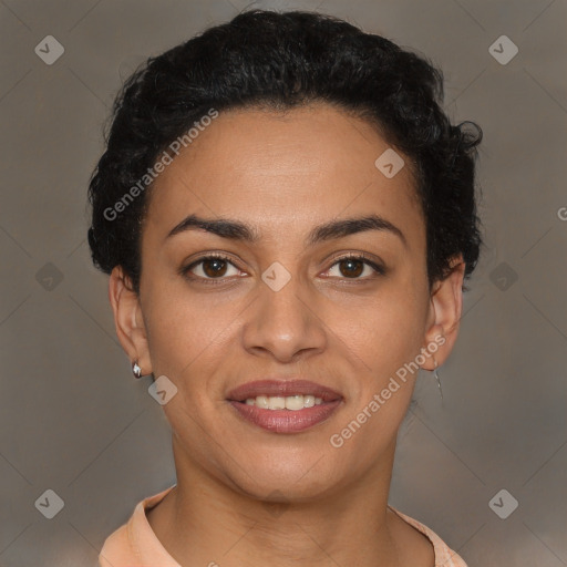 Joyful latino young-adult female with short  brown hair and brown eyes