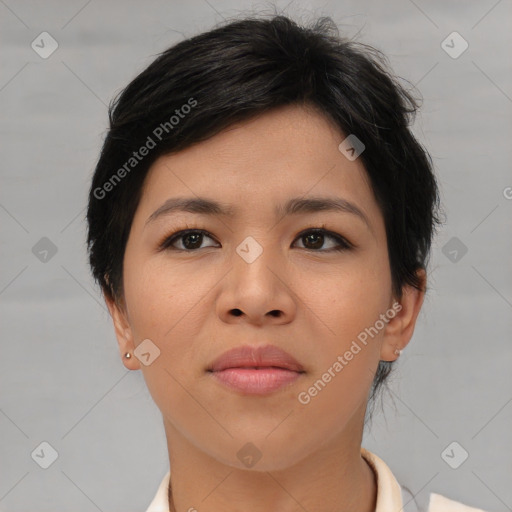 Neutral asian young-adult female with short  brown hair and brown eyes