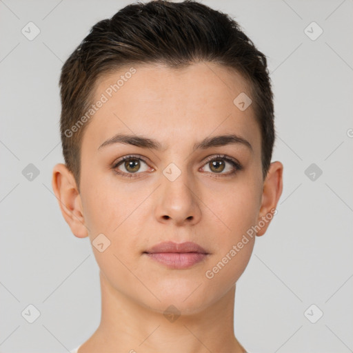 Neutral white young-adult female with short  brown hair and brown eyes