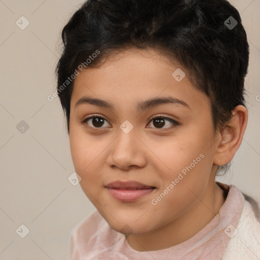 Joyful latino young-adult female with short  brown hair and brown eyes