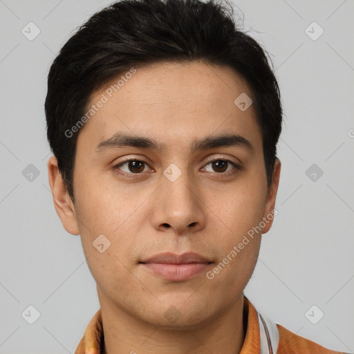 Neutral asian young-adult male with short  brown hair and brown eyes