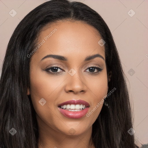 Joyful latino young-adult female with long  brown hair and brown eyes