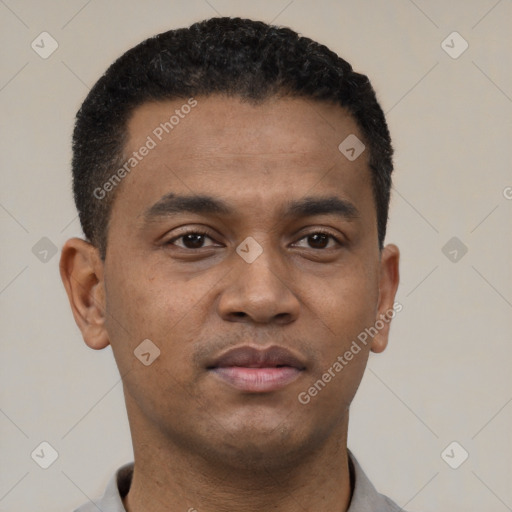 Neutral latino young-adult male with short  black hair and brown eyes