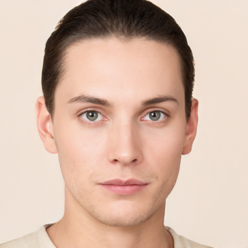 Neutral white young-adult male with short  brown hair and brown eyes