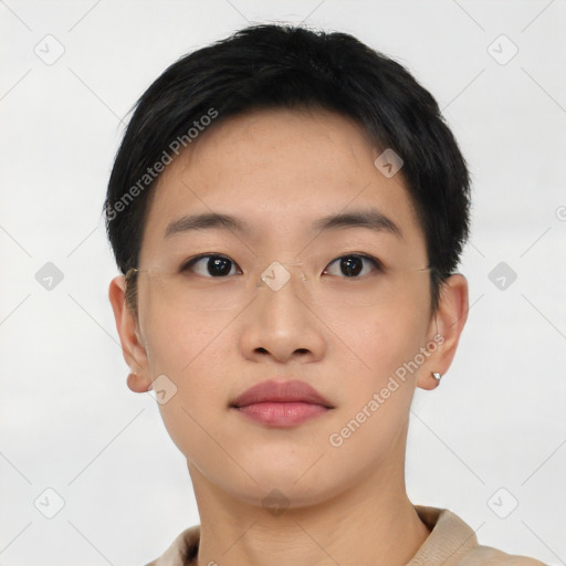 Neutral asian young-adult female with short  black hair and brown eyes